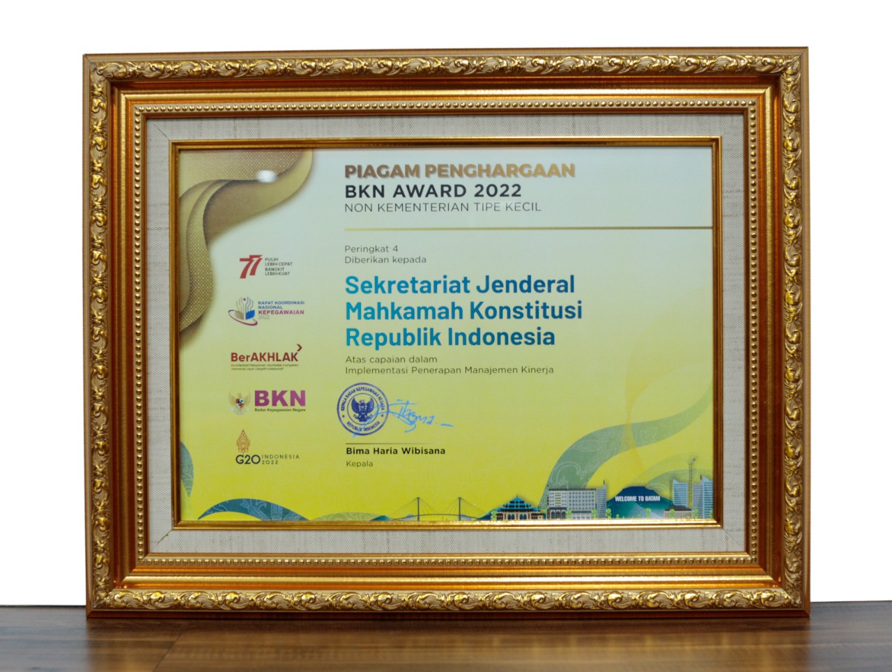 Piagam Penghargaan BKN Award 2022 Atas Capaian Dalam Implementasi Penerapan Manajemen Kinerja